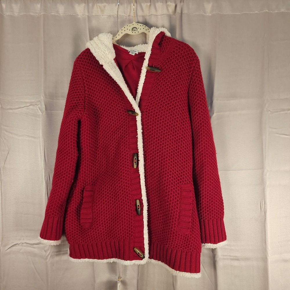 LL Bean Womens Red White Shearling Wool Blend Knit Toggle Coat Medium